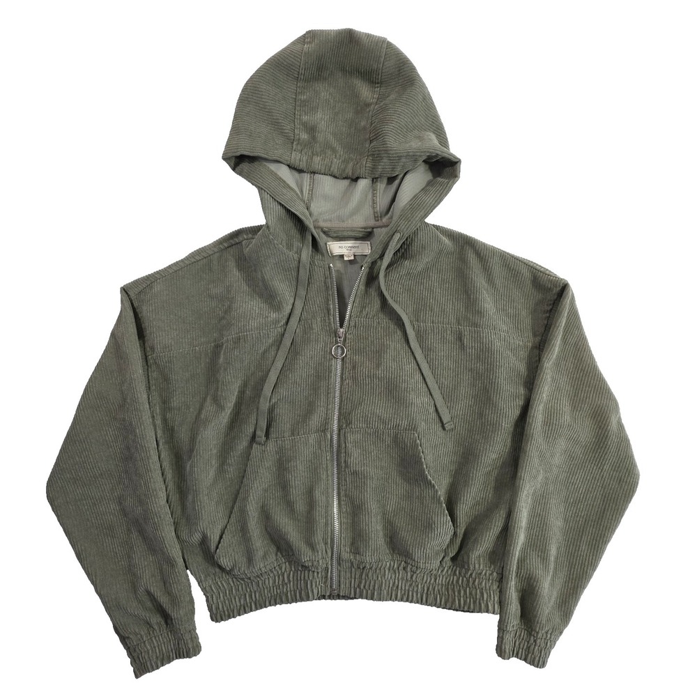 No Comment Cropped Fully Zip Hoodie Jacket Womens' L Sage Green Corduroy EUC